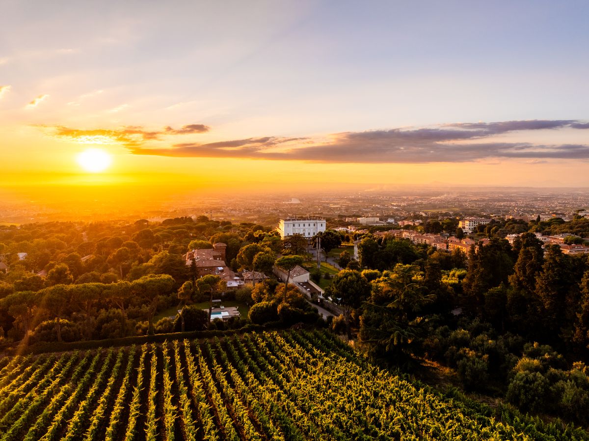 Villa Grazioli at sunset over the Roman Castles